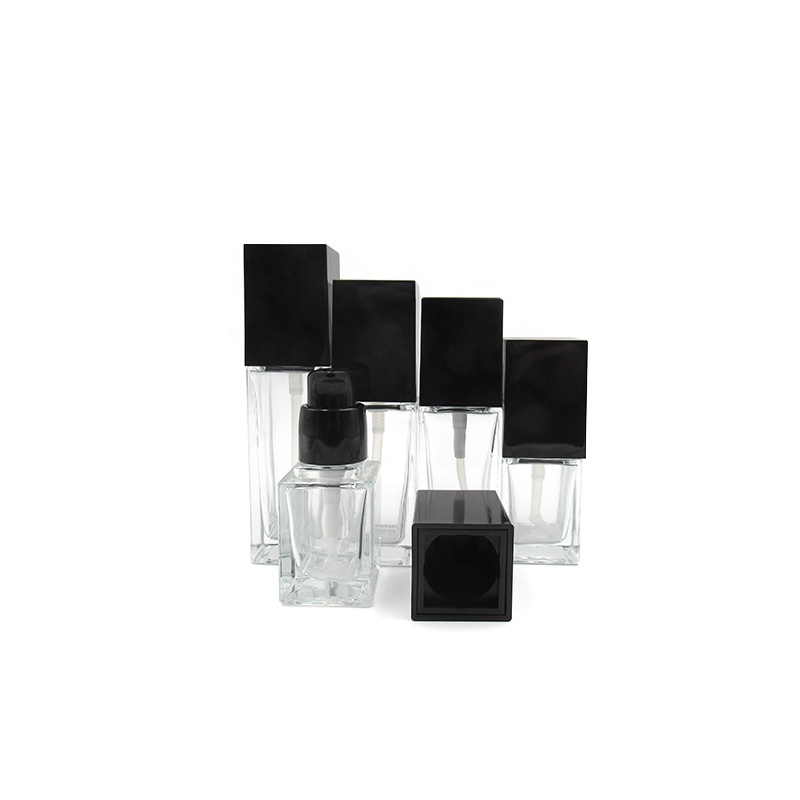 Wholesale square empty cosmetic lotion foundation packaging 15ml 20ml 30ml 40ml clear glass bottle with pump