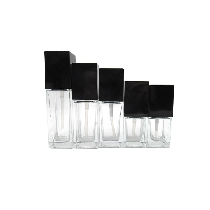 Wholesale square empty cosmetic lotion foundation packaging 15ml 20ml 30ml 40ml clear glass bottle with pump