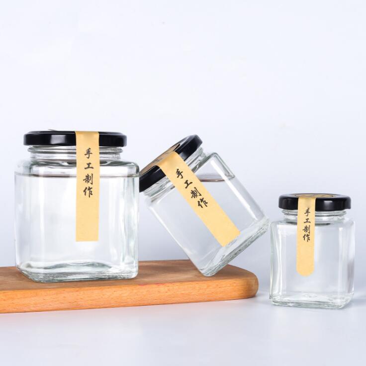 Wholesale square glass honey pickle jam jar glass chili sauce bottle can be customized LOGO