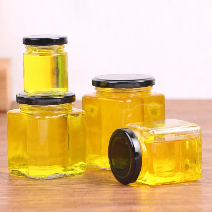 Wholesale square glass honey pickle jam jar glass chili sauce bottle can be customized LOGO