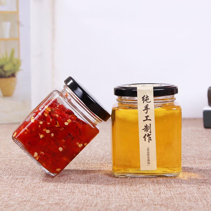 Wholesale square glass honey pickle jam jar glass chili sauce bottle can be customized LOGO