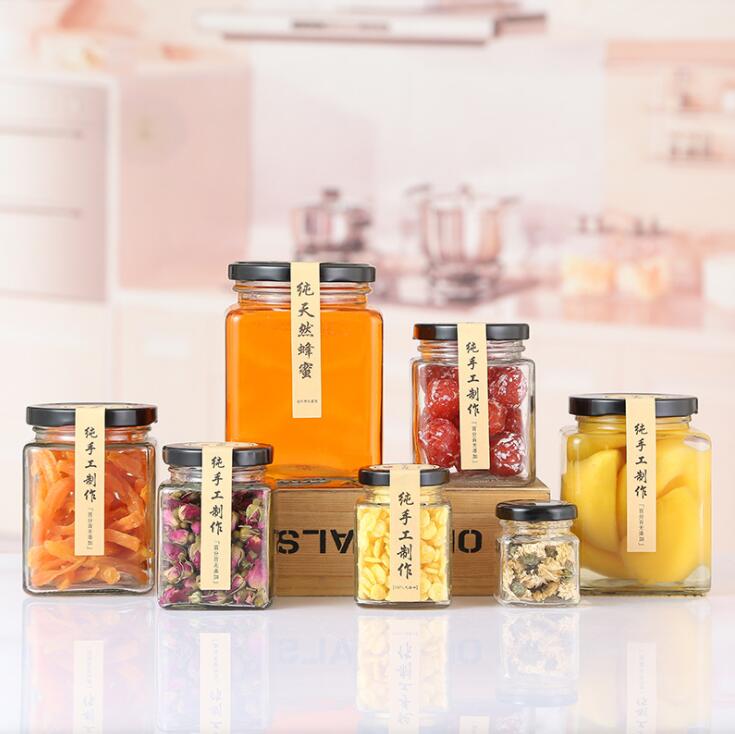 Wholesale square glass honey pickle jam jar glass chili sauce bottle can be customized LOGO
