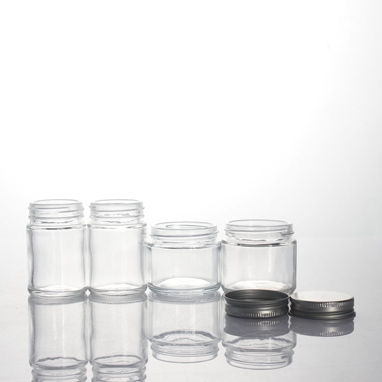 Wholesale stock 50ml 100ml 120ml 2oz 3oz 4oz 5oz clear candle glass jar bath salts cosmetic food with aluminum metal plastic cap
