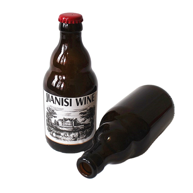 Wholesale stocked 330ml 33CL amber empty stubby glass beer bottle with crown cap