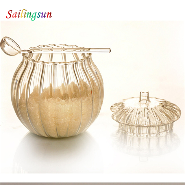 Wholesale stripe with spoon design handcraft with lid pyrex glass condiment jar
