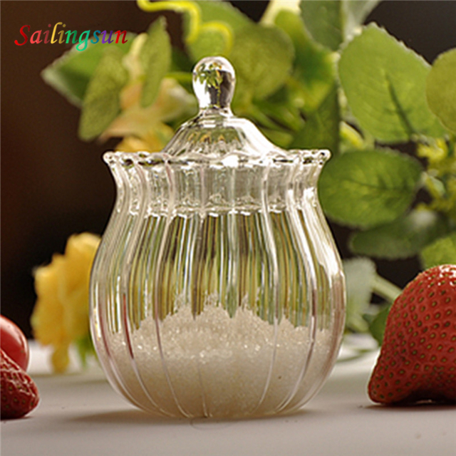Wholesale stripe with spoon design handcraft with lid pyrex glass condiment jar
