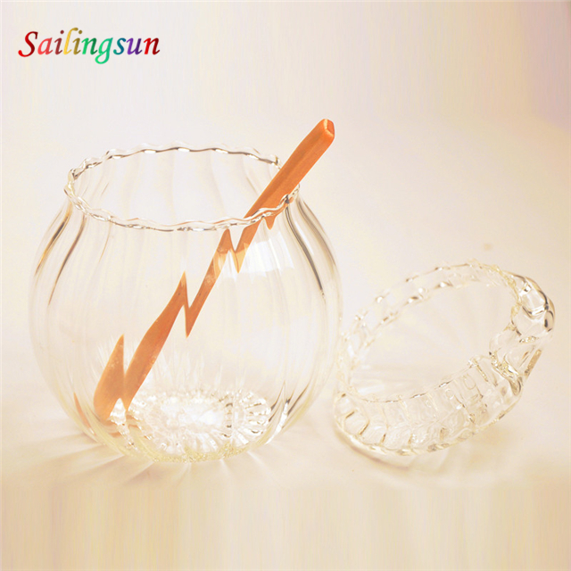 Wholesale stripe with spoon design handcraft with lid pyrex glass condiment jar