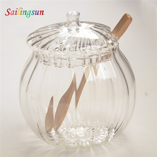 Wholesale stripe with spoon design handcraft with lid pyrex glass condiment jar