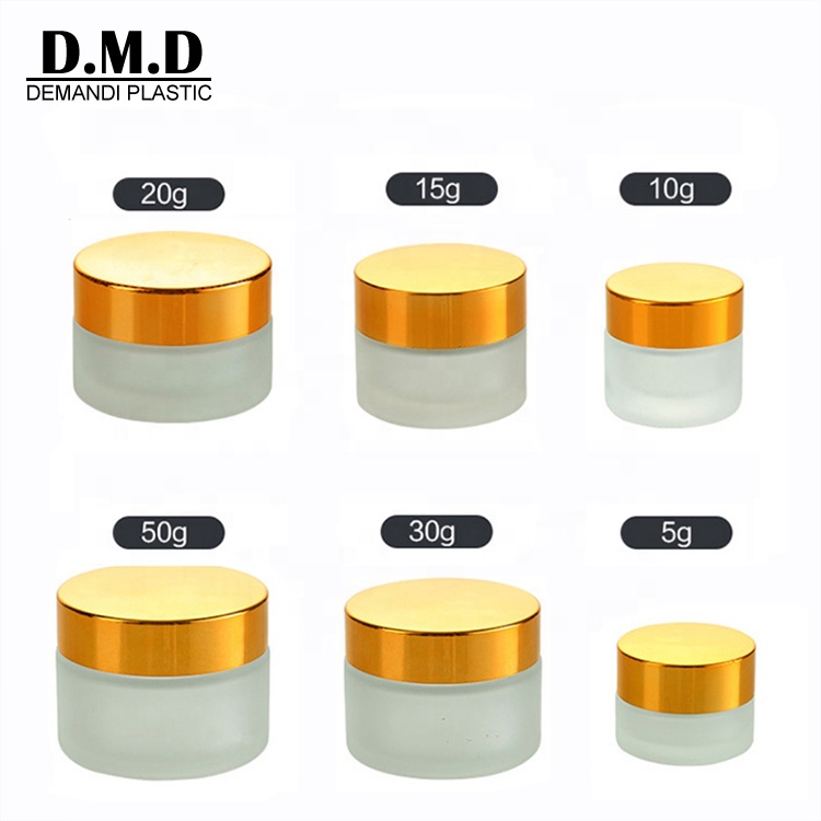 Wholesale suppliers 5ml 10ml 15ml 20ml 30ml 50ml round cream frosted glass cosmetic jar with golden lids
