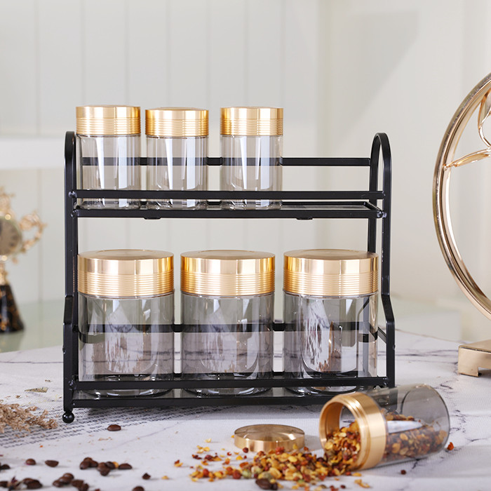 Wholesale tea coffee sugar canisters cylinder glass canister kitchen cookie food jar glass storage jars with metal stand