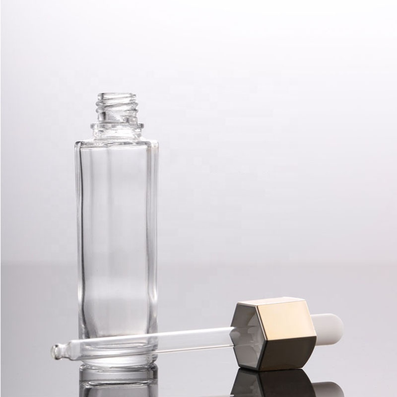 Wholesale unique hexagon shape glass dropper bottle custom label printing serum dropper bottle 30ml