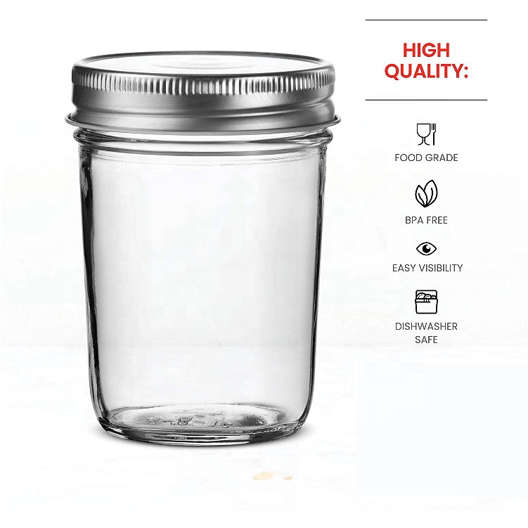 Wholesale wide mouth 8oz Mason Jar with sliver metal Lid for Jam Honey Canning spices