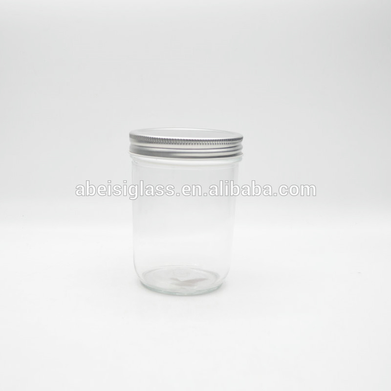 Wholesale wide mouth caviar glass jar 450ml chili sauce glass pickle jam jar with metal lid food container glass