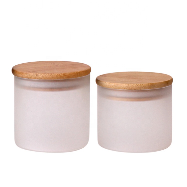 Wholesale wide mouth cylinder 250ml 8oz frost borosilicate glass jar for food storage with wooden bamboo lid