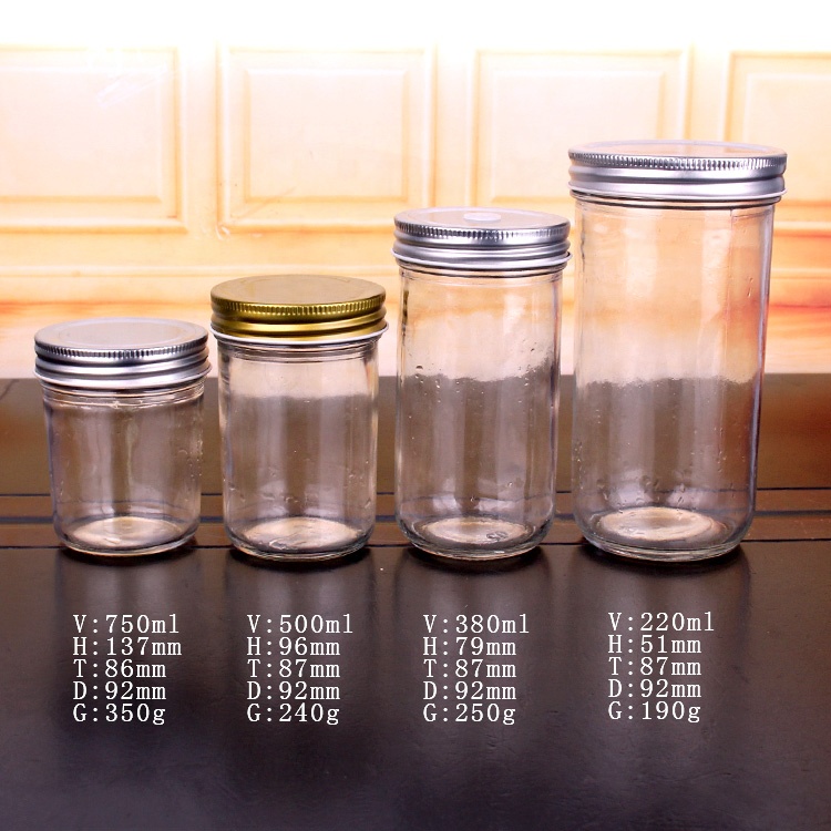 Wholesale wide mouth round 220ml 380ml 500ml 750ml Food storage Glass Mason Jar With metal screw lid