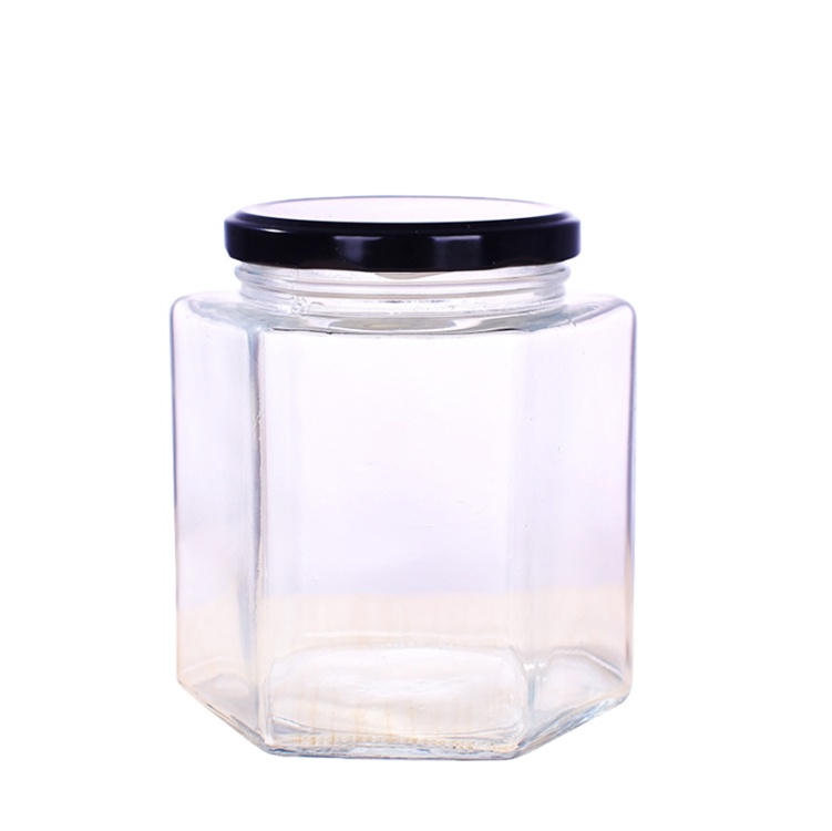 Wholesaler 180ml 280ml 380ml hexagon food honey storage glass jars for canning with black metal lid