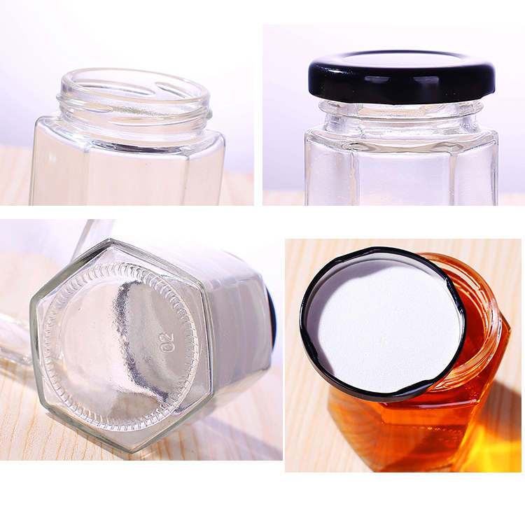 Wholesaler 180ml 280ml 380ml hexagon food honey storage glass jars for canning with black metal lid