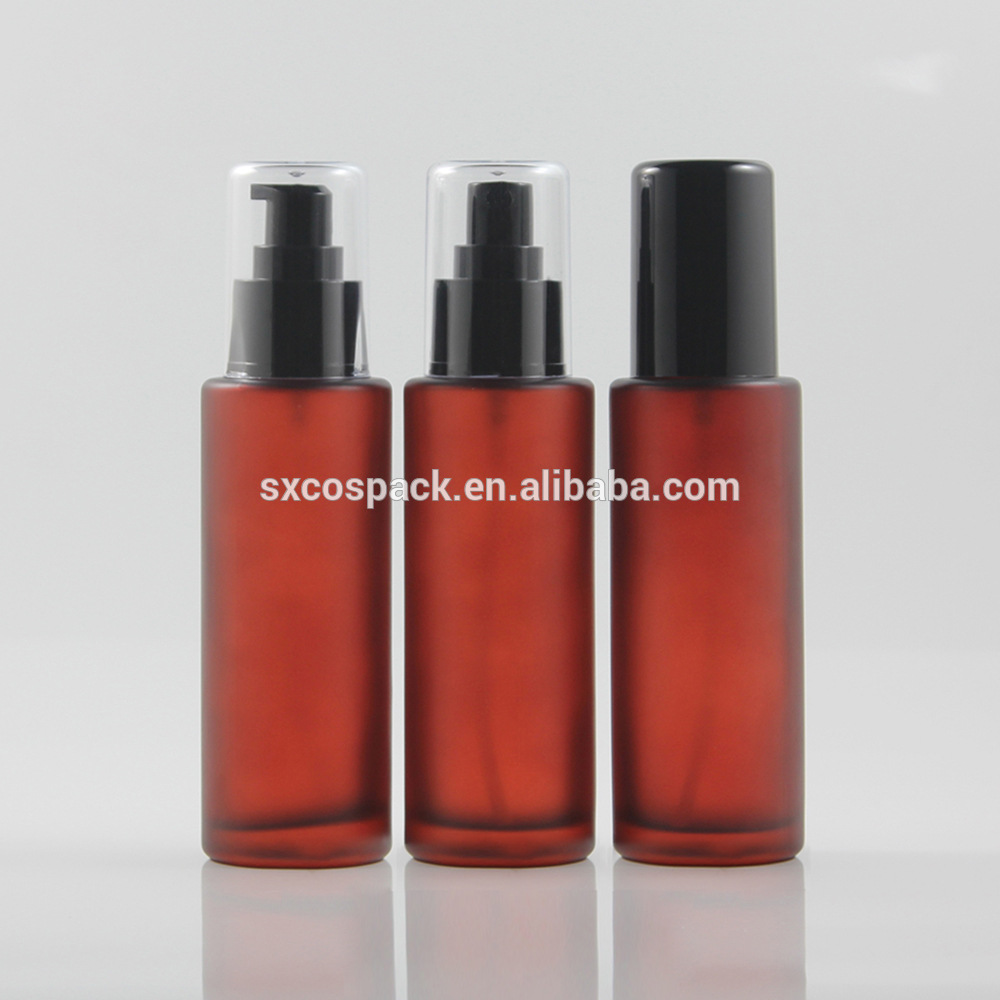 Wholesales 100ml Matte pink, clear mystery purple or rose red glass lotion pump spray or toner bottle packaging with cap