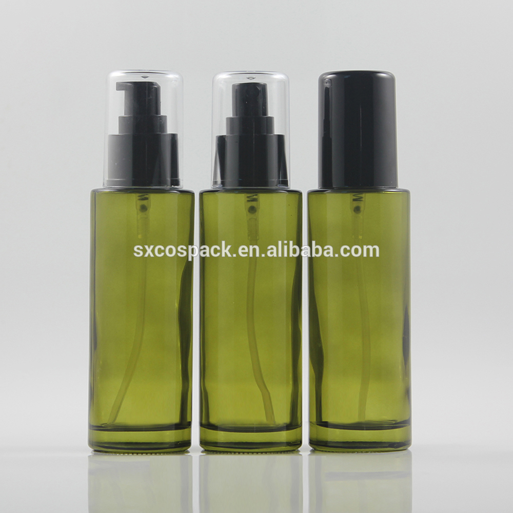 Wholesales 100ml Matte pink, clear mystery purple or rose red glass lotion pump spray or toner bottle packaging with cap