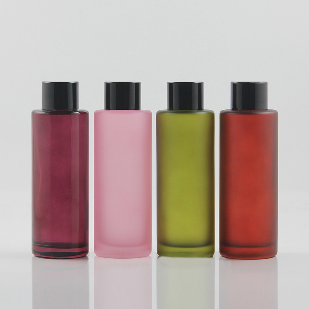Wholesales 100ml Matte pink, clear mystery purple or rose red glass lotion pump spray or toner bottle packaging with cap