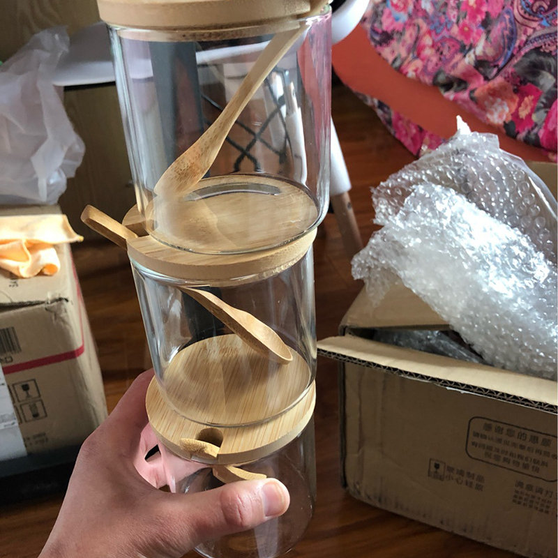 Wholesales 300ml kitchen round bamboo lid glass spice jar set storage spice jar with spoons