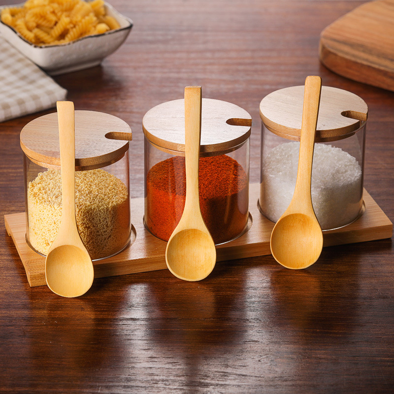 Wholesales 300ml kitchen round bamboo lid glass spice jar set storage spice jar with spoons