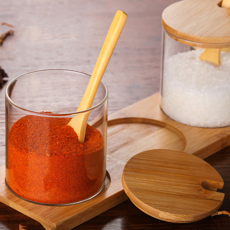 Wholesales 300ml kitchen round bamboo lid glass spice jar set storage spice jar with spoons