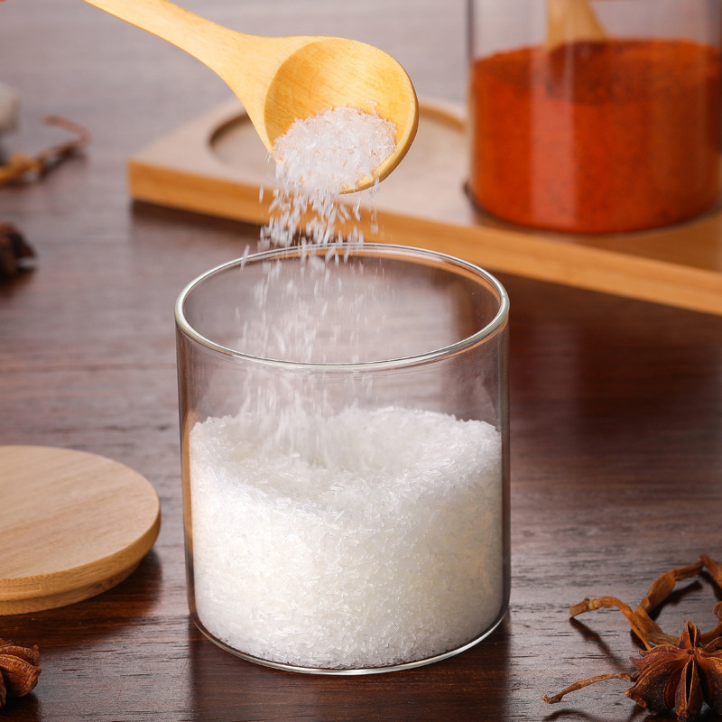 Wholesales 300ml kitchen round bamboo lid glass spice jar set storage spice jar with spoons