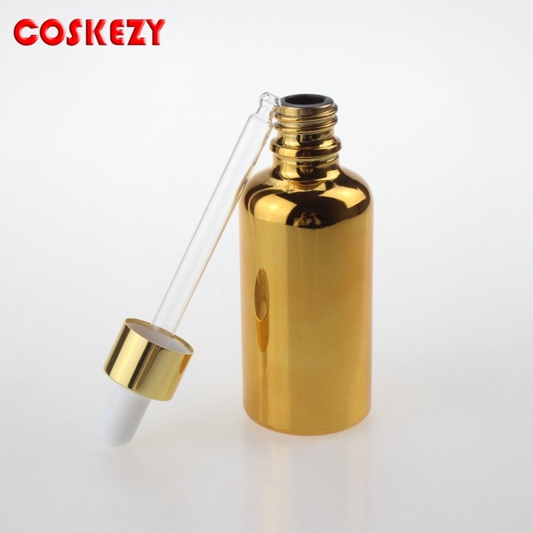 Wholesales cosmetic 50ml Gold or silver Essential Oil Glass Bottle packaging With Dropper for essential on skin care