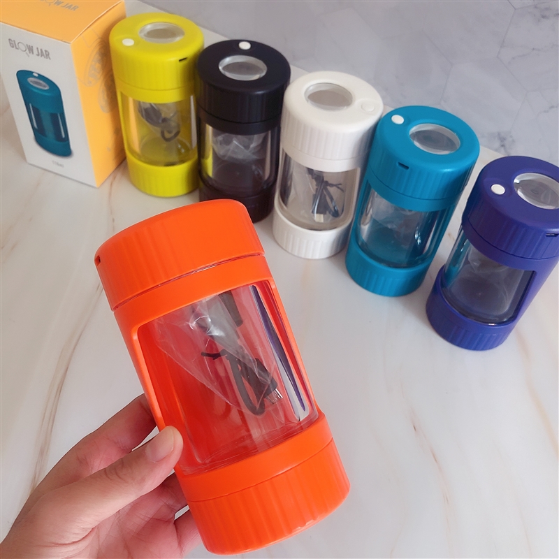 Wholesales custom LED glass glow jar ABS lighting magnifying storage container jar smoking accessories with grinder smoke pipe