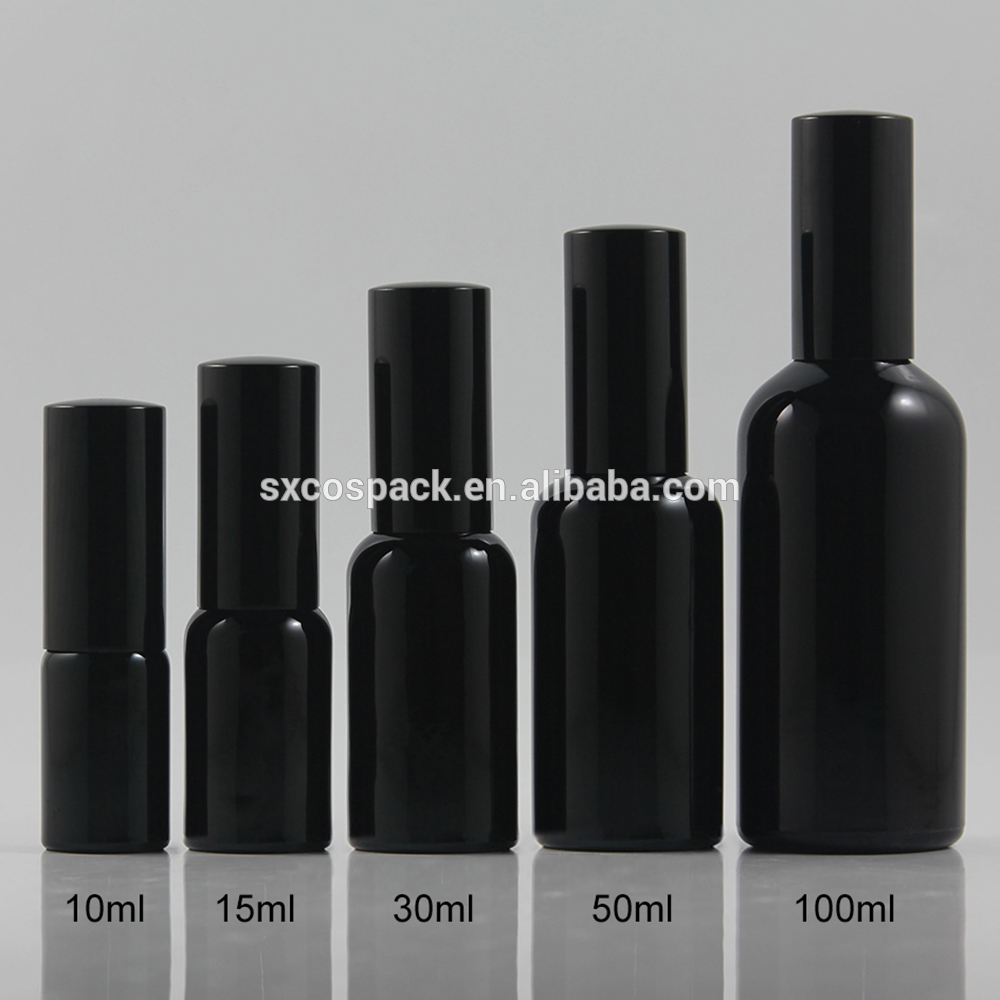 Wholesales empty Glossy black 10ml 15ml 20ml 30ml 50ml 100ml cosmetic glass spray or perfume bottle packaging