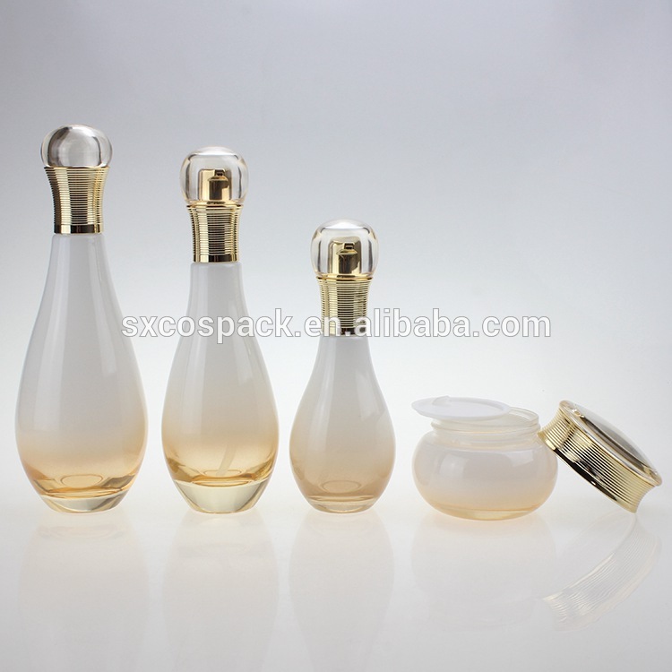 Wholesales empty glass cosmetic set of 60ml 100ml 150ml Lotion Pump or spray bottle and 50g cream jar with cap