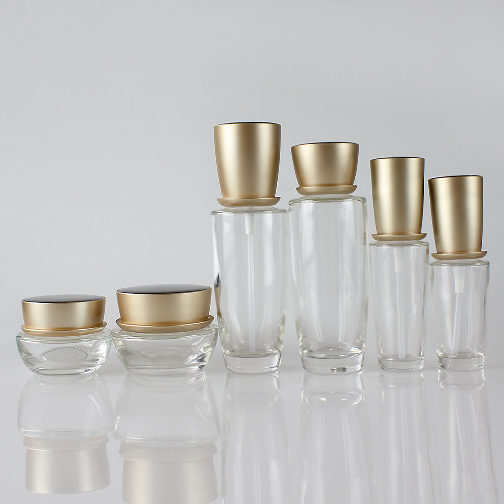 Wholesales empty glass cosmetic set of30ml 40ml 100ml 120ml Lotion Pump bottle and 30g 50g cream jar with cap