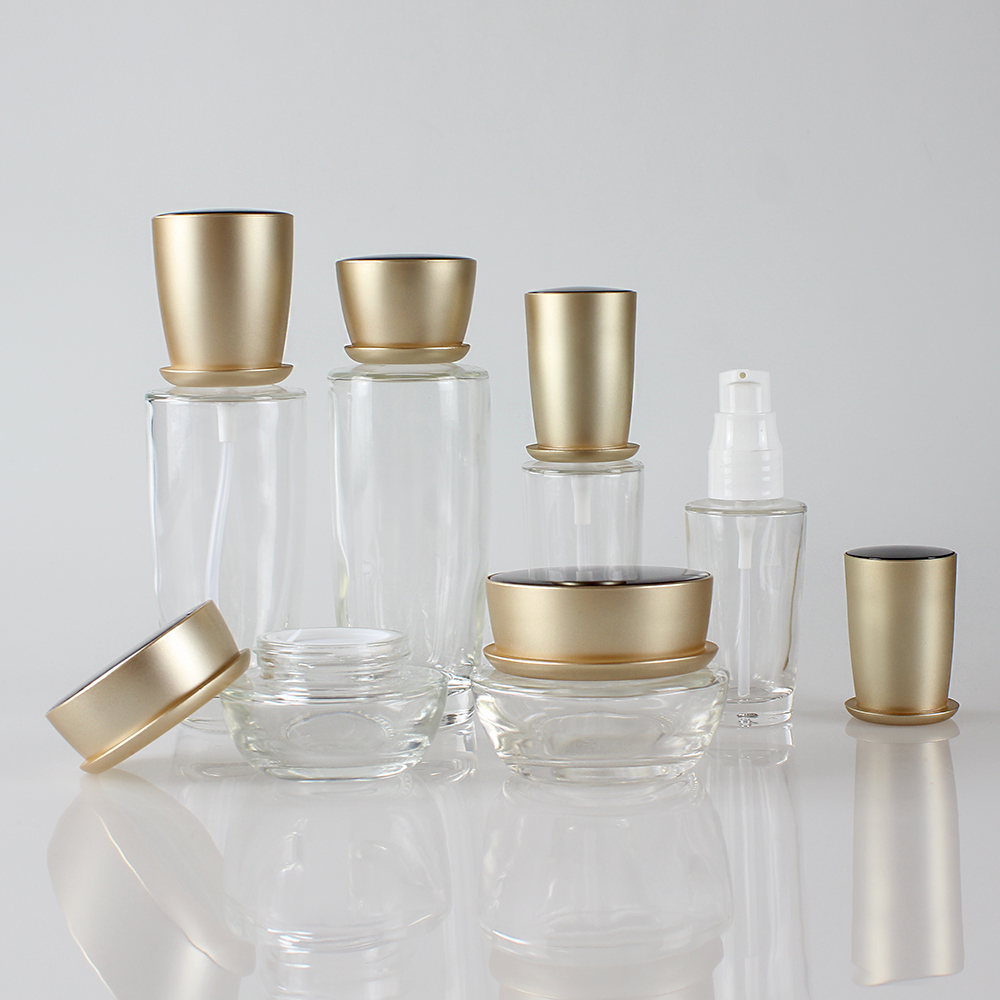 Wholesales empty glass cosmetic set of30ml 40ml 100ml 120ml Lotion Pump bottle and 30g 50g cream jar with cap