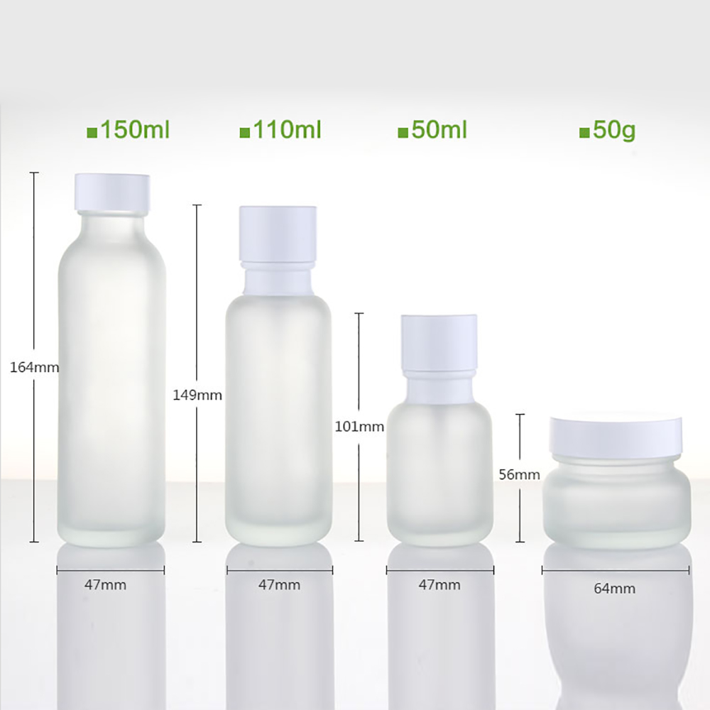 Wholesales empty matte clear glass 50ml 110ml 150ml Lotion Pump Bottle and cream jar in 50g with white or black cap