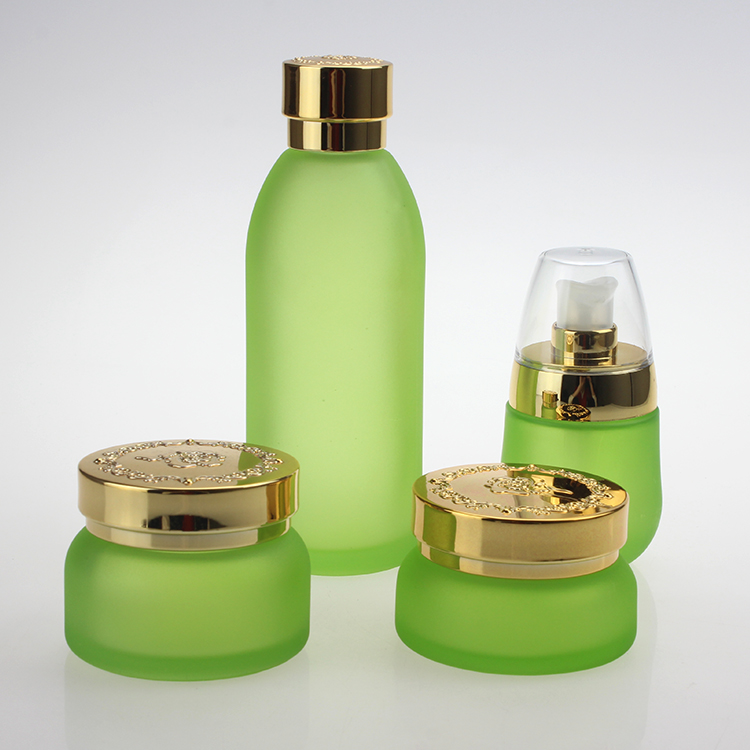 Wholesales empty matte green glass 30ml lotion pump bottle, 120ml inner bottle and 30g 50g cream jar with gold cap