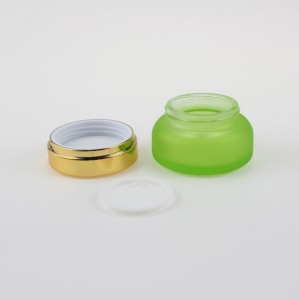 Wholesales empty matte green glass 30ml lotion pump bottle, 120ml inner bottle and 30g 50g cream jar with gold cap