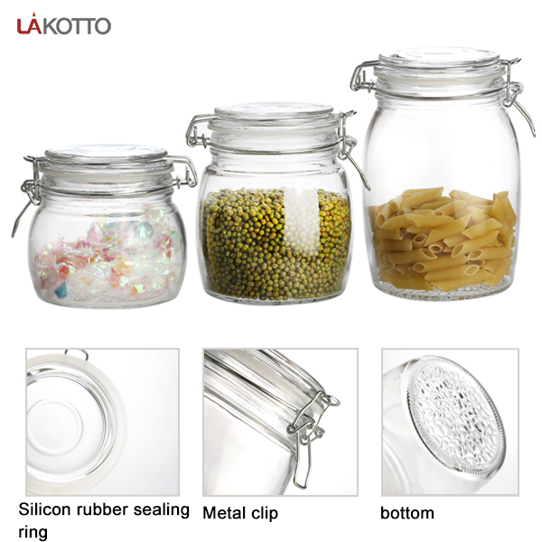 Wholesales factory price glass jar with metal clip glass storage jar bottle with flip top cap