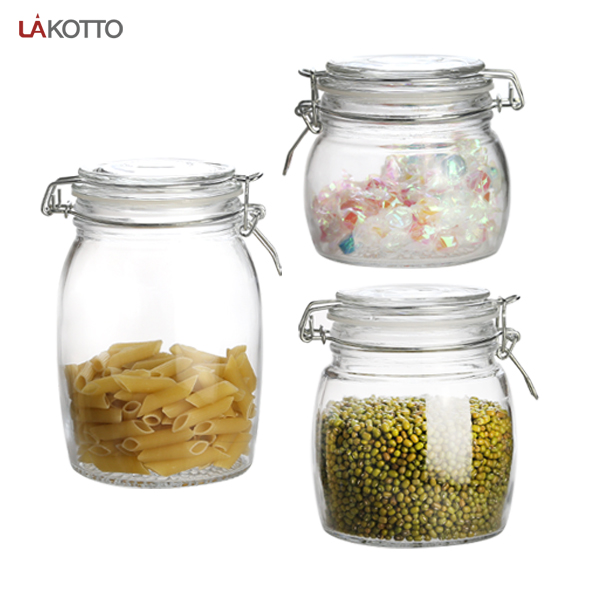Wholesales factory price glass jar with metal clip glass storage jar bottle with flip top cap