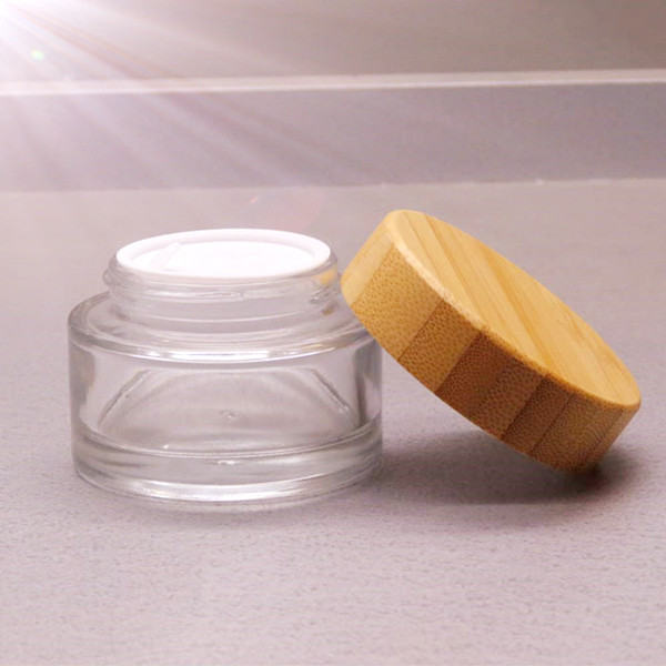 Whosale 10g Small Cosmetic Cream Packaging Clear Glass Jar With Bamboo Screw Lid