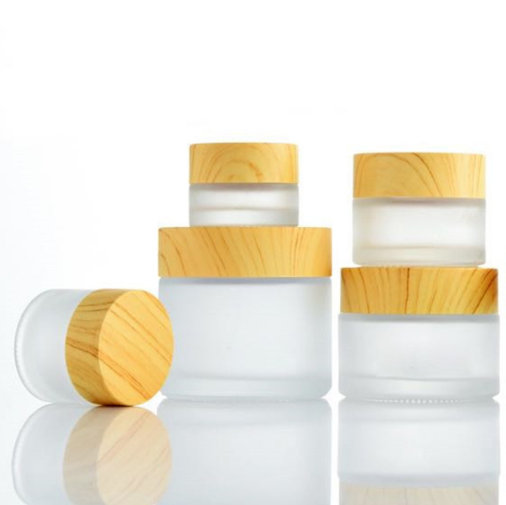 Whosale Wood Grain Lid Makeup Cosmetic Cream Containers Transparent Frosted Glass Jar