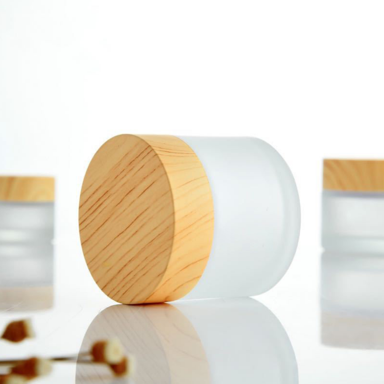 Whosale Wood Grain Lid Makeup Cosmetic Cream Containers Transparent Frosted Glass Jar