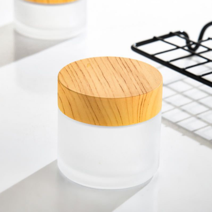 Whosale Wood Grain Lid Makeup Cosmetic Cream Containers Transparent Frosted Glass Jar