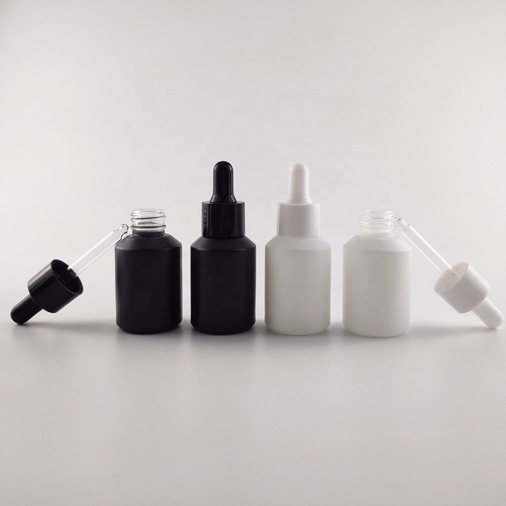 Whosale guangzhou 30ml frosted black white glass dropper bottle for oil packaging