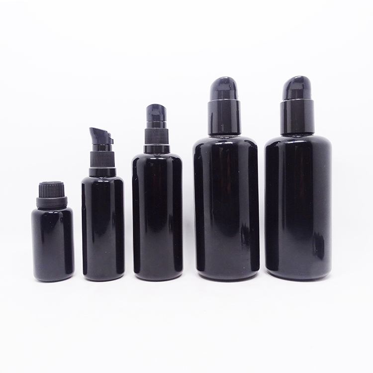 Whosale ultraviolet protection violet glass cosmetic bottles 30ml 50ml 100ml black lotion glass bottles