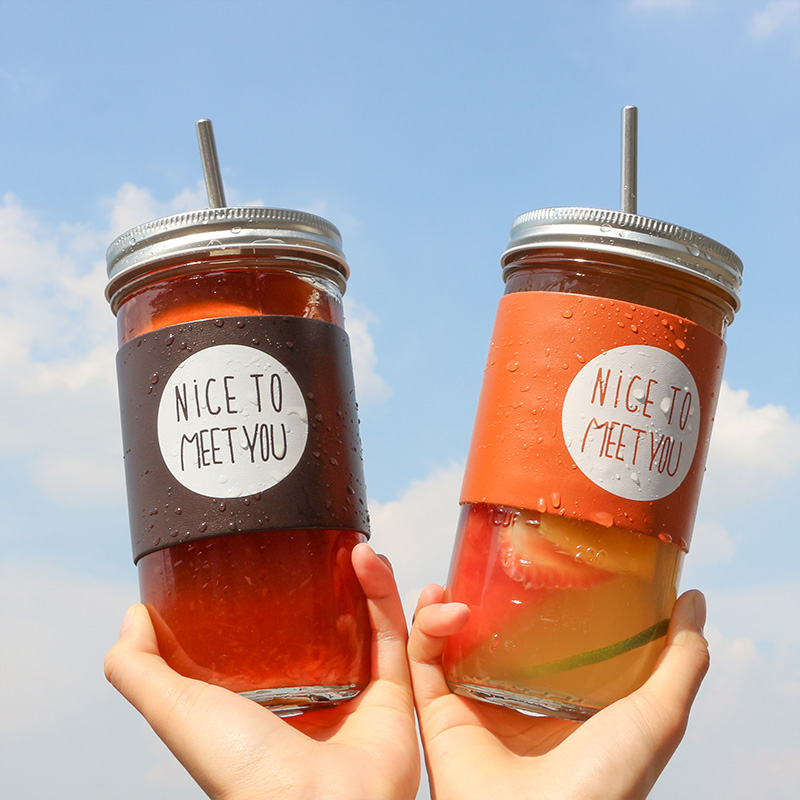 Wide Mouth 16oz Mason Jar Reusable Boba Tea Cup with lid and Straw