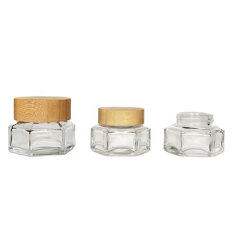 Wide Mouth 30ml 50ml 100ml Hexagon Cream Glass Jar With Wooden Lid For Personal Care
