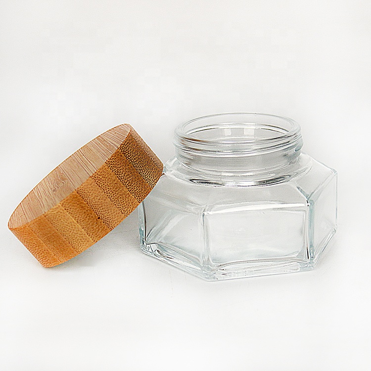 Wide Mouth 30ml 50ml 100ml Hexagon Cream Glass Jar With Wooden Lid For Personal Care