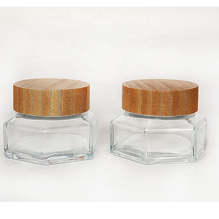 Wide Mouth 30ml 50ml 100ml Hexagon Cream Glass Jar With Wooden Lid For Personal Care