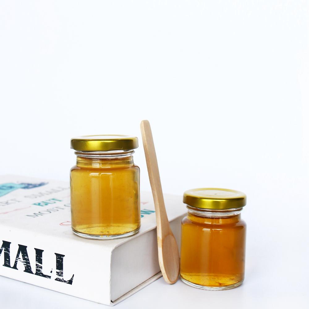 Wide Mouth 30ml 50ml Empty Mini Glass Storage Jar for honey and sauce with Golden Screw Cap Wholesale